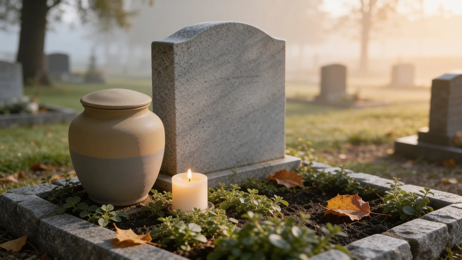 Gepflegtes Urnenwahlgrab auf einem ruhigen Friedhof im Morgenlicht: helles Granit-Grabmal, Urne, brennende Kerze und niedrige grüne Bepflanzung in einer steingefassten Grabstelle