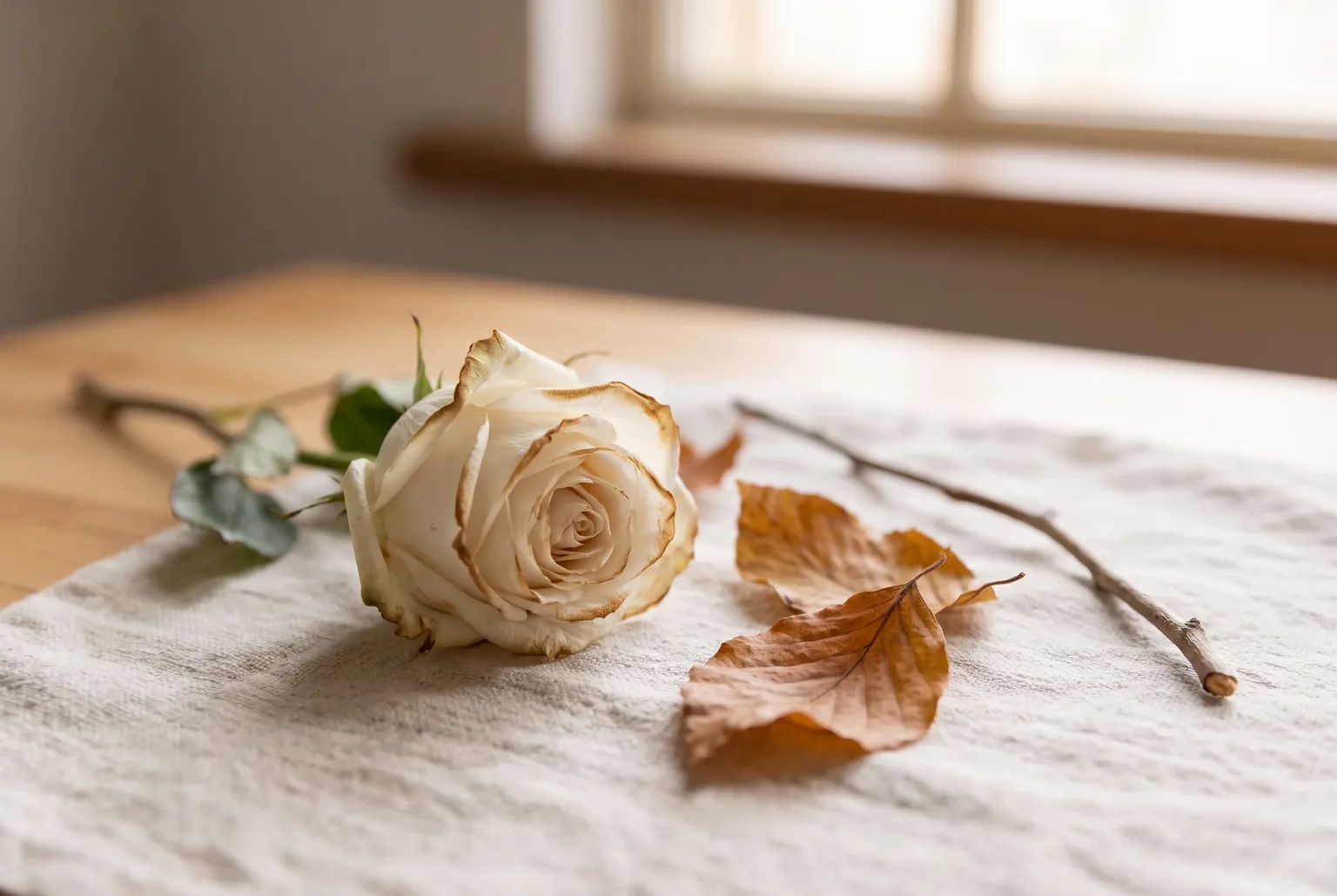 Ruhige, würdevolle Stillleben-Szene mit welkender weißer Rose und Herbstlaub in weichem Licht auf hellem Leinen – Sinnbild für das natürliche Vergehen und den Kreislauf nach dem Tod