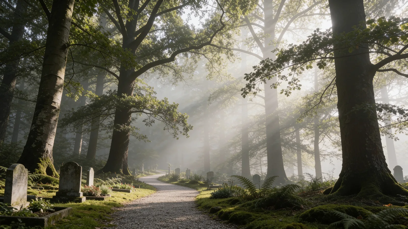 Ruhiger Waldfriedhof im Morgennebel – verwitterte Grabsteine und ein geschwungener Kiesweg zwischen hohen Bäumen im weichen Sonnenlicht
