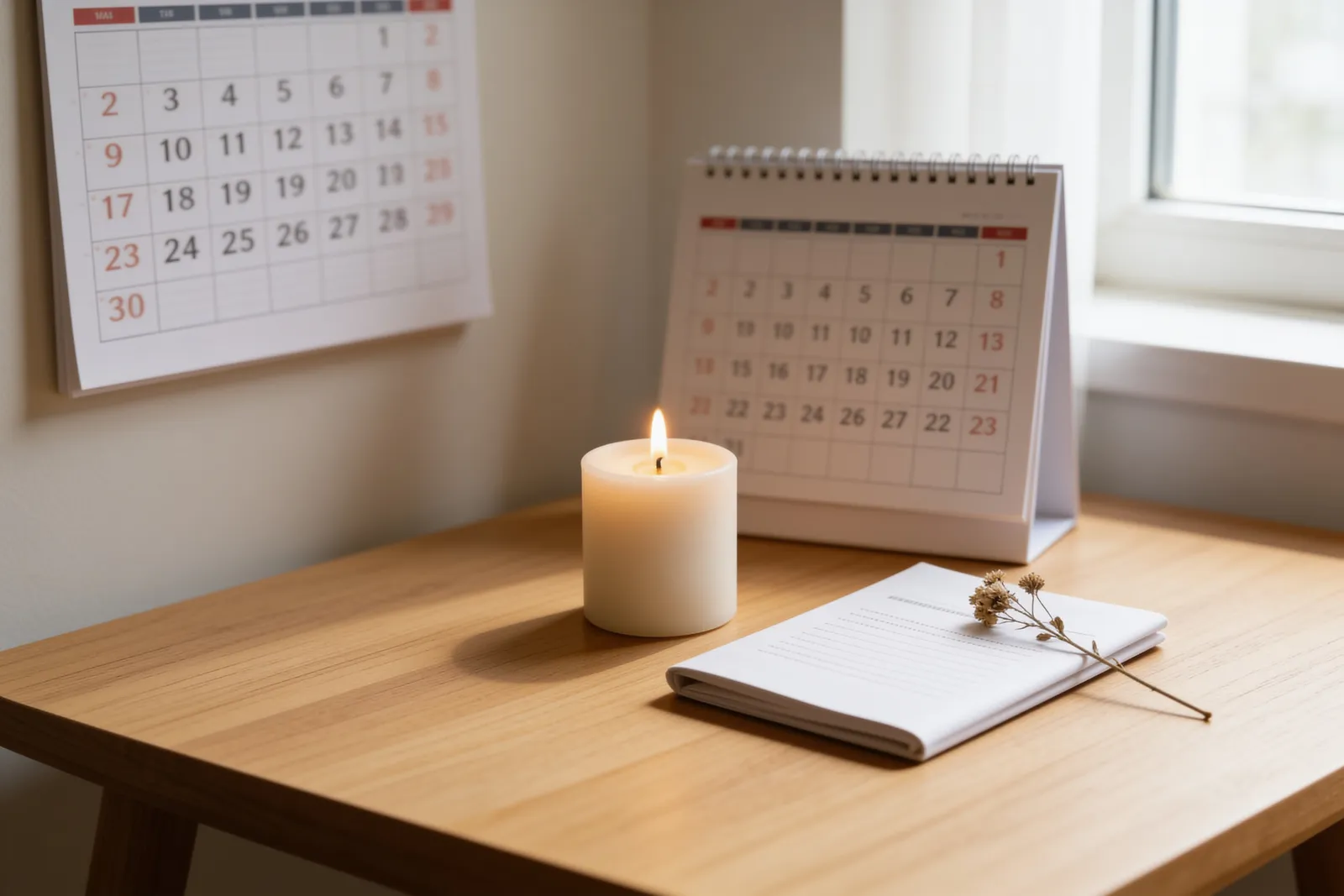 Ein Wandkalender und eine ruhig brennende Kerze auf einem hellen Holztisch – der zeitliche Abstand zwischen Tod und Beerdigung, in Ruhe geplant