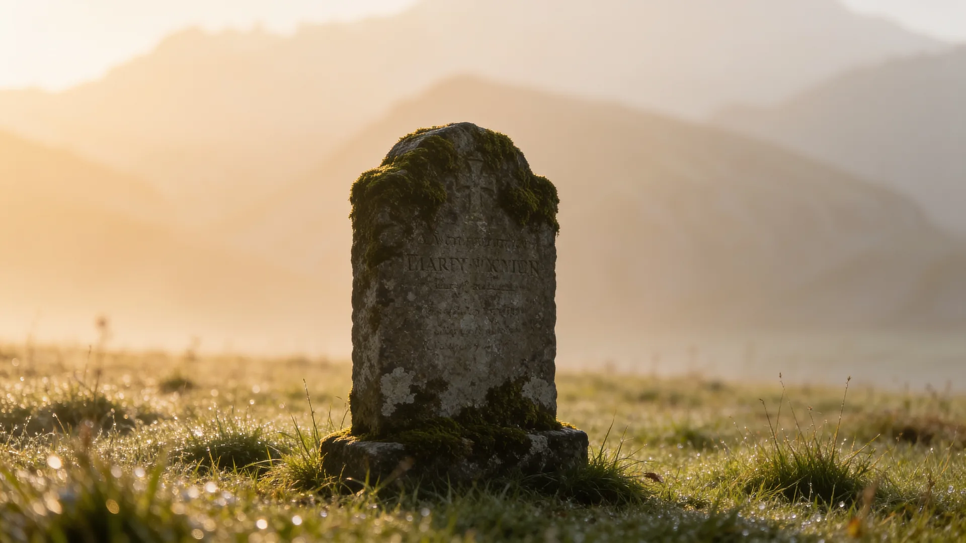 Ein alter, von Moos überzogener Grabstein in einer stillen Wiese im warmen Licht des frühen Morgens – ein ruhiges Bild für die uralte Frage, warum Menschen ihre Toten bestatten