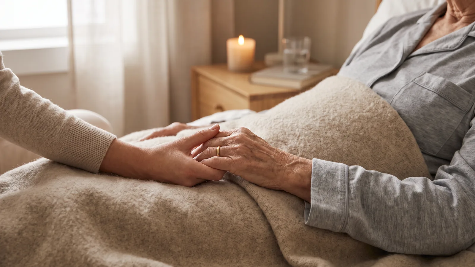 Eine Hand hält behutsam die Hand eines im Bett liegenden Menschen im weichen Licht am Fenster – ruhige, würdevolle Begleitung eines Sterbenden