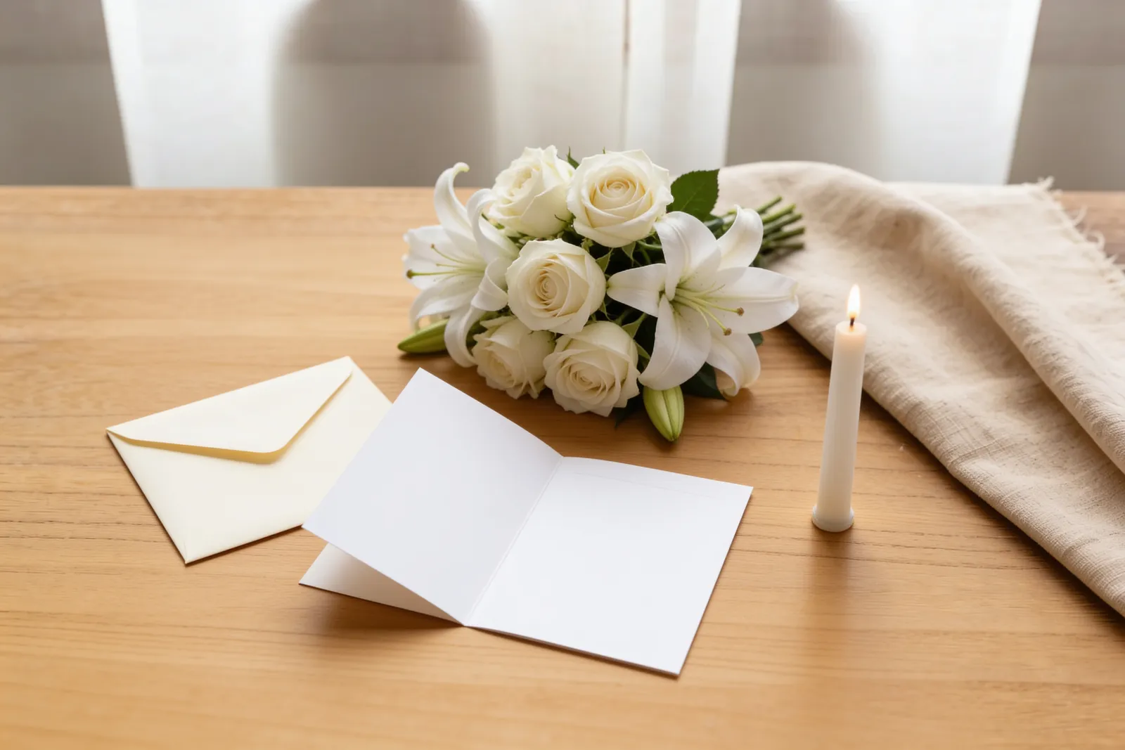 Weiße Trauerblumen aus Rosen und Lilien, ein cremefarbener Umschlag mit leerer Kondolenzkarte und eine schlichte Kerze auf einem hellen Holztisch – was man zur Beerdigung mitbringt