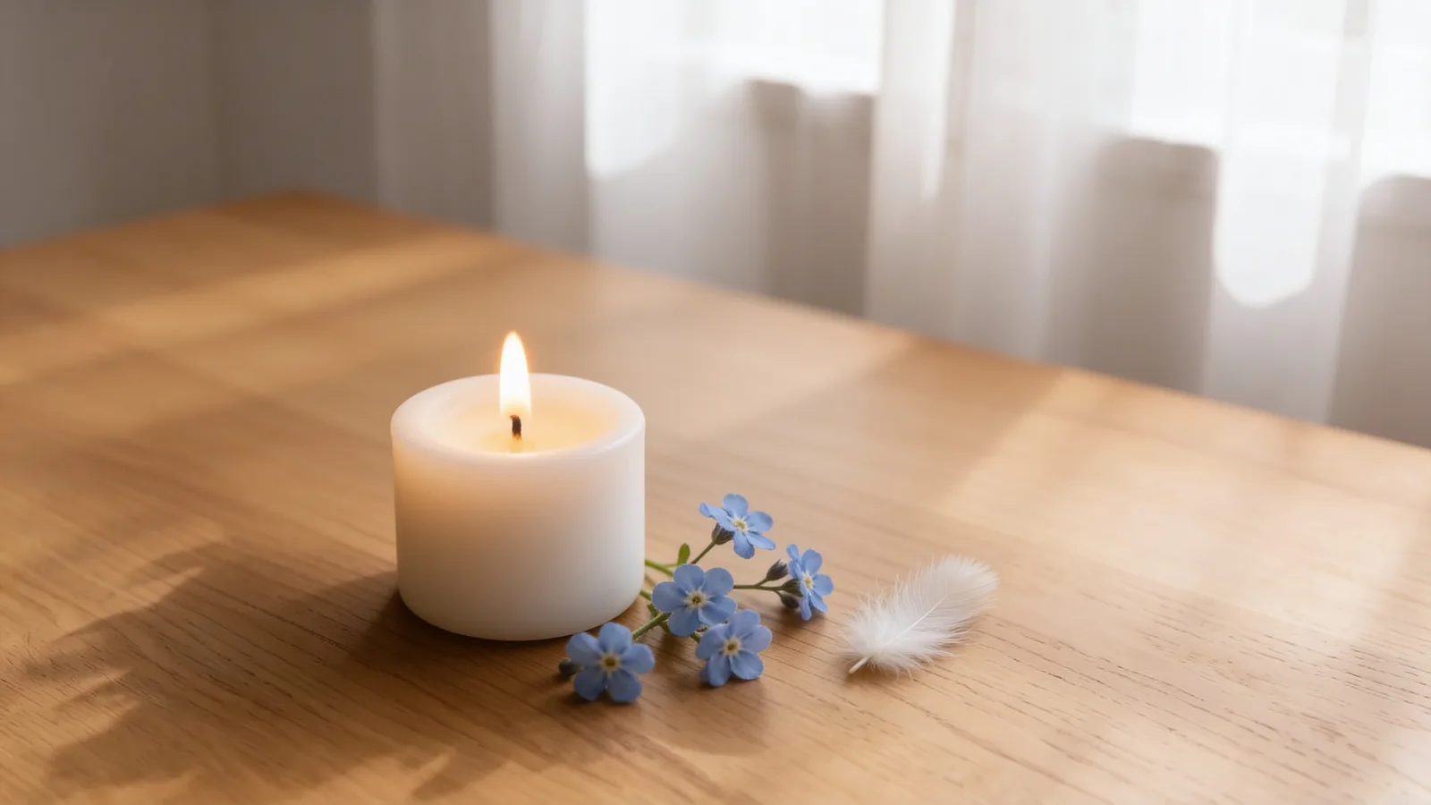 Eine kleine brennende weiße Kerze mit zarten hellblauen Vergissmeinnicht-Blüten und einer weißen Feder auf einem warmen Holztisch vor einem sanft von Tageslicht durchfluteten Fenster – stilles Gedenken an ein Sternenkind