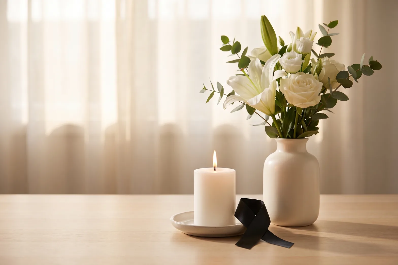 Stillleben zum Thema Beerdigung: eine brennende Gedenkkerze, ein schwarzes Trauerband und weiße Lilien und Rosen in einer Vase auf einem Holztisch im warmen Fensterlicht
