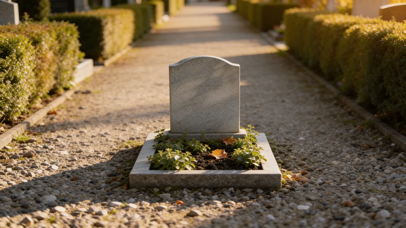 Schlichter heller Granit-Grabstein ohne Inschrift auf einem bepflanzten Grab an einem Friedhofsweg im warmen Abendlicht – Sinnbild für die Kosten eines Grabsteins