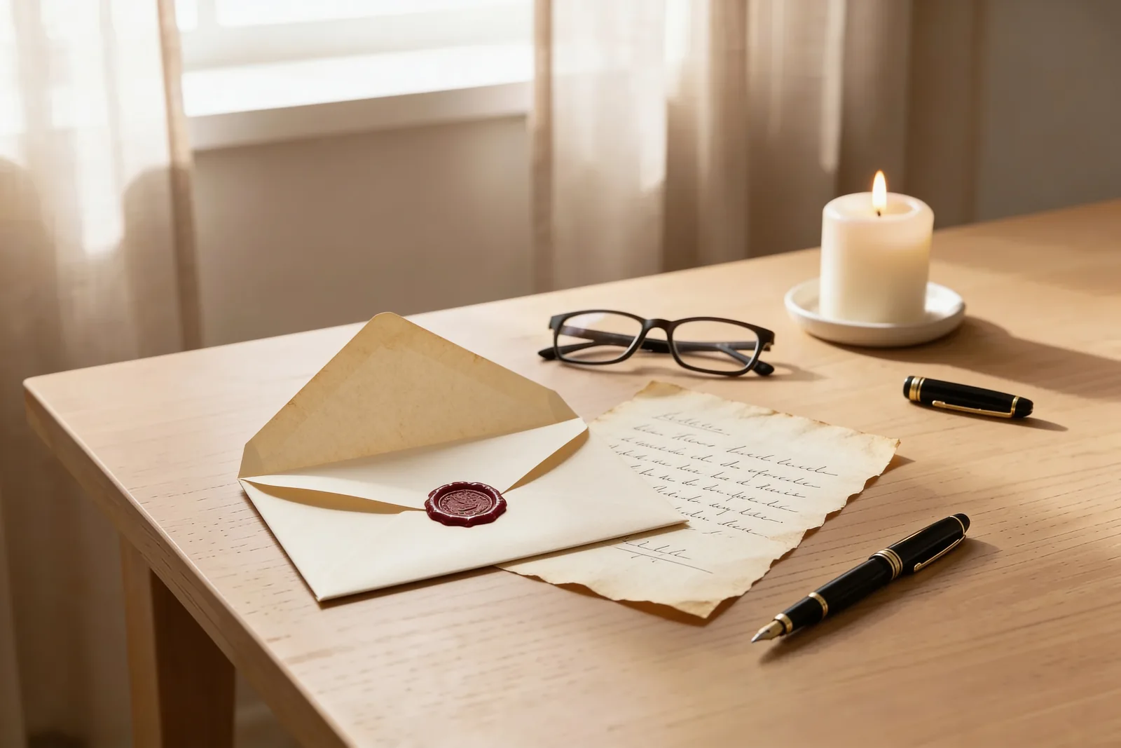 Ein cremefarbener Umschlag mit rotem Siegellack, ein handschriftliches Testament, eine Lesebrille und ein Füllfederhalter auf einem hellen Holztisch neben einer ruhig brennenden Kerze – ein Testament nach dem Todesfall in Ruhe ordnen