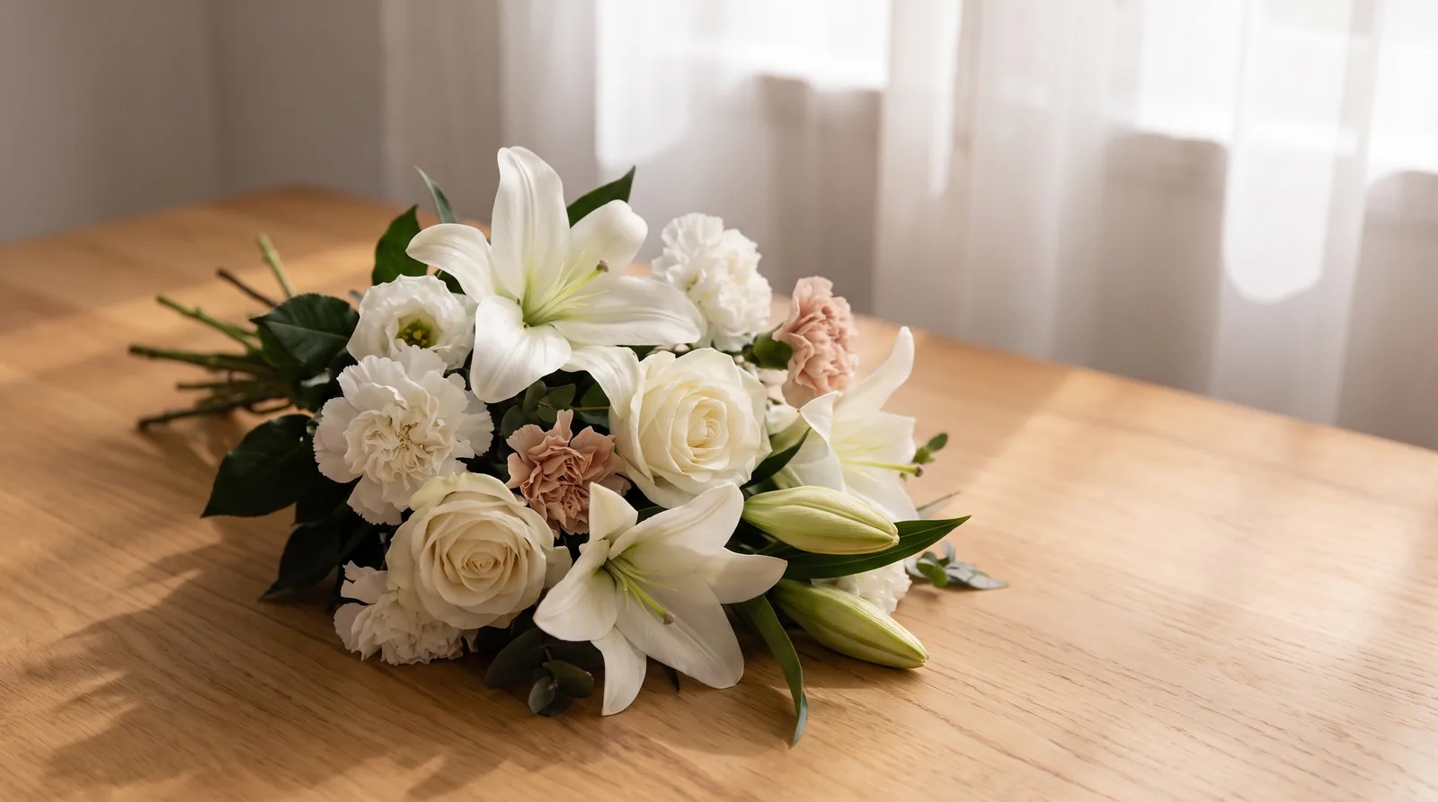 Schlichter Trauerstrauß aus weißen Lilien, weißen Rosen und Nelken mit zarten rosa Akzenten und dunkelgrünem Blattwerk auf einem hellen Holztisch, weich und gedämpft beleuchtet – passende Blumen bei einem Todesfall