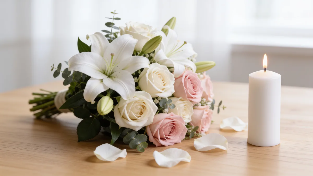 Weißer Trauerstrauß aus Lilien und ivory-rosa Rosen mit Eukalyptus, lose Blütenblätter und eine weiße Kerze auf hellem Holztisch – welche Blumen zur Bestattung passen