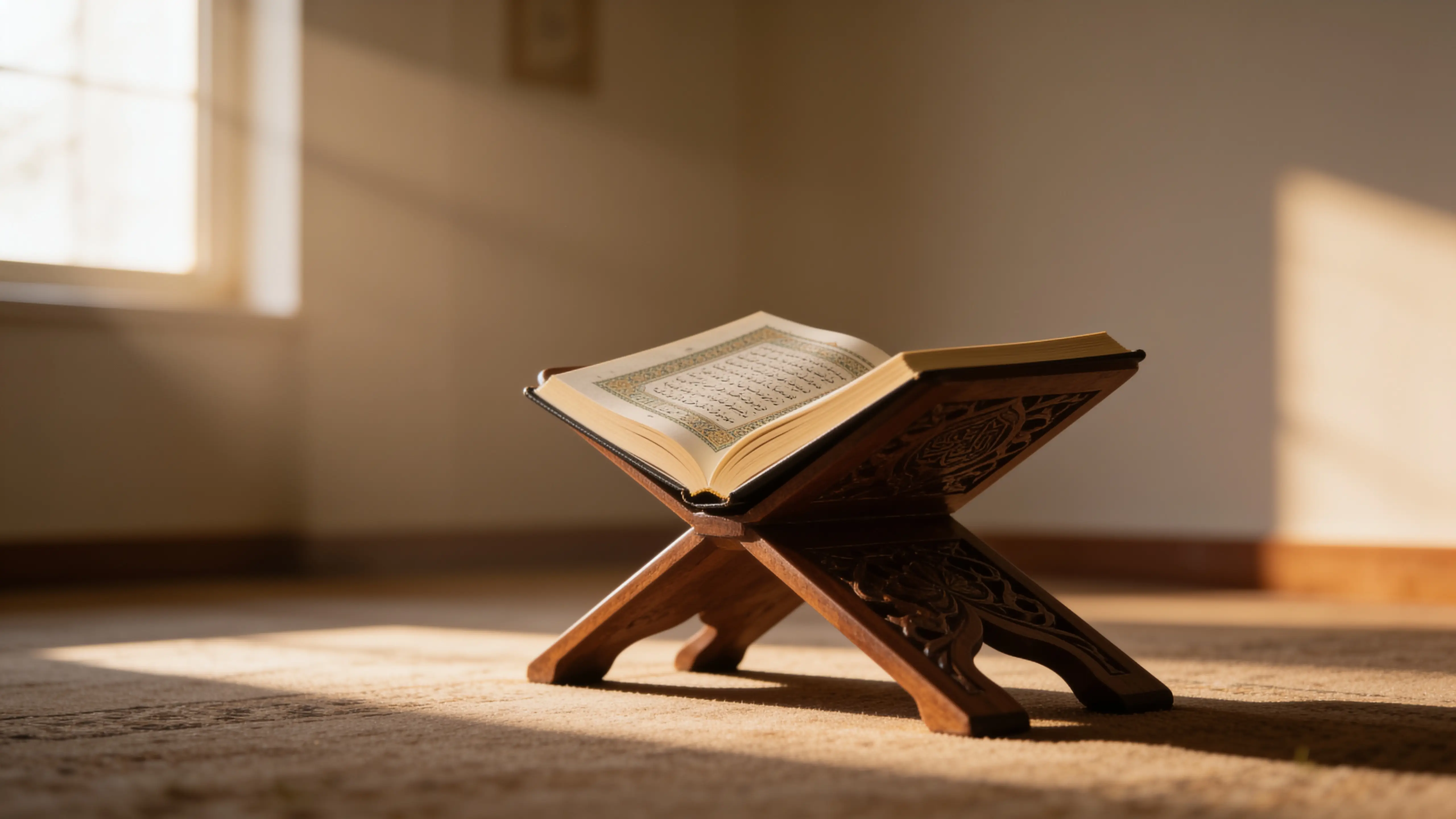 Ein aufgeschlagener Koran auf einem hölzernen Buchständer (Rehal) im warmen, weichen Morgenlicht – Sinnbild für die Rezitation der Sure Yasin bei einem Todesfall