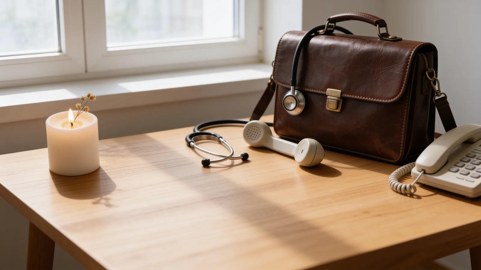 Ein ärztlicher Hausbesuchskoffer aus Leder, ein Stethoskop und ein Telefon auf einem hellen Holztisch neben einer ruhig brennenden Kerze – Sinnbild für den Arzt, der bei einem Todesfall zur Leichenschau gerufen wird