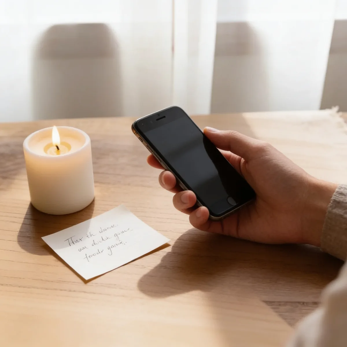 Eine Hand hält ein Telefon neben einer ruhig brennenden Kerze und einer Notizliste mit Telefonnummern auf einem hellen Holztisch – Sinnbild dafür, wen man anruft, wenn jemand gestorben ist