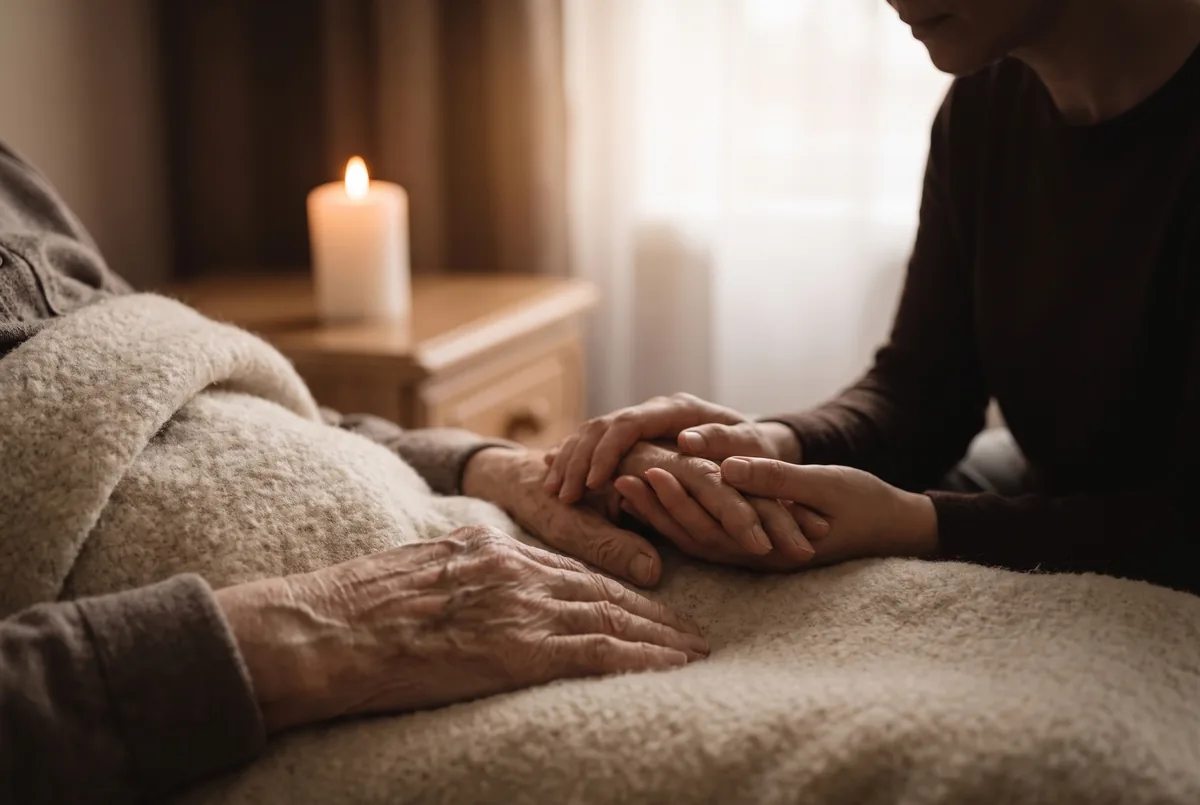 Eine Angehörige sitzt im warmen Abendlicht am Bett und hält behutsam die Hand eines Sterbenden, der nicht loslassen kann – daneben eine ruhig brennende Kerze als Zeichen stiller Sterbebegleitung
