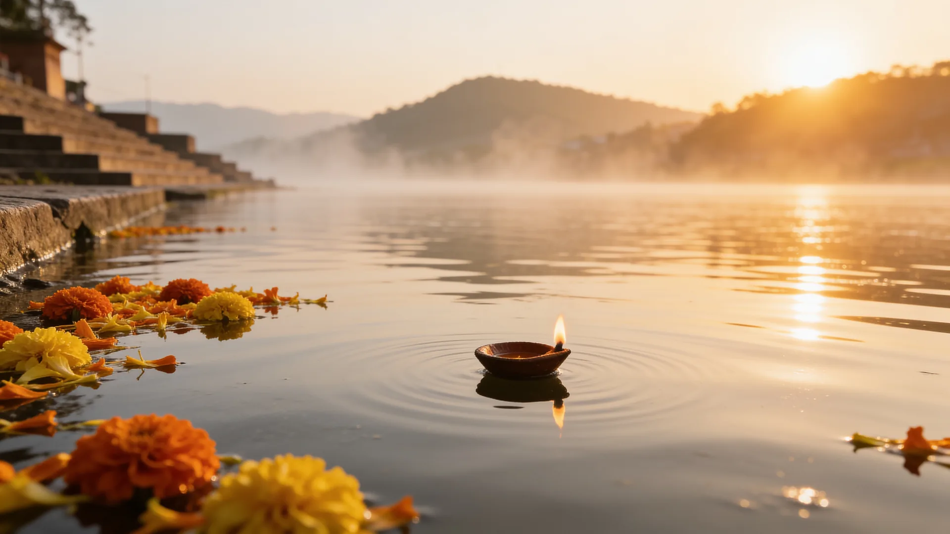 Schwimmende orange Blüten und ein kleines Öllämpchen treiben im warmen Morgenlicht auf dem Ganges – ein ruhiges Sinnbild für die hinduistische Feuerbestattung und das Streuen der Asche im heiligen Fluss