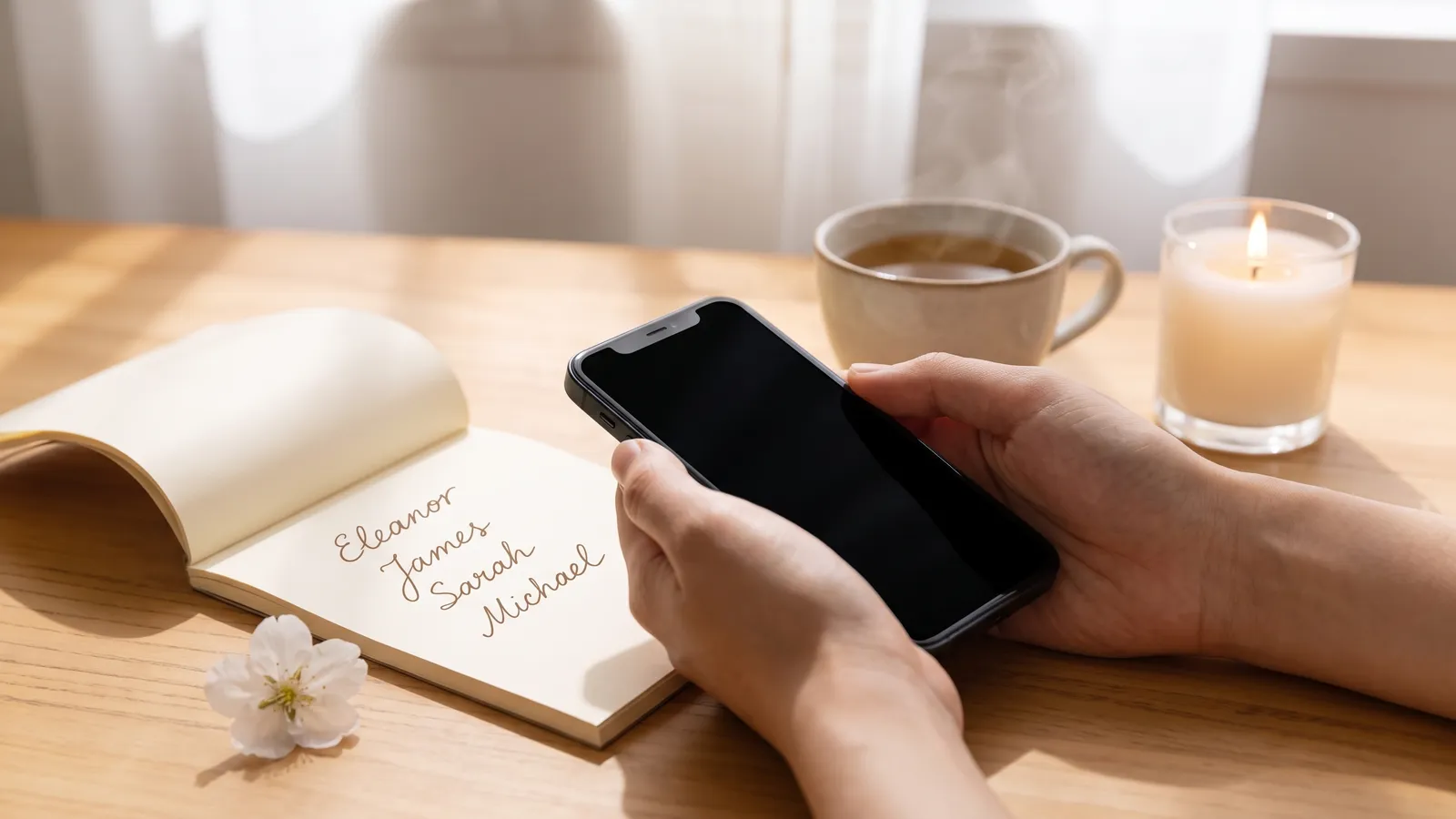 Zwei Hände halten ein Smartphone für einen schweren Anruf an einem hellen Holztisch, daneben ein aufgeschlagenes Notizbuch mit einer handgeschriebenen Namensliste, eine weiße Blüte, eine Tasse Tee und eine brennende Kerze – wie man andere über einen Todesfall informiert