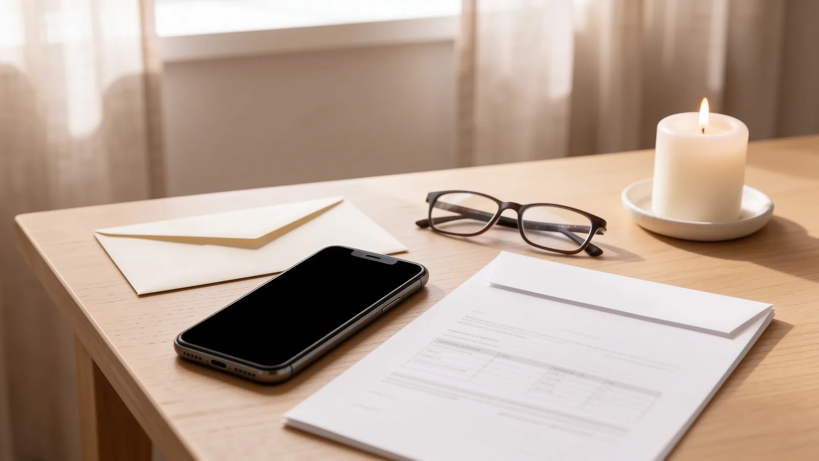 Ein Smartphone mit leerem Bildschirm, ein gefaltetes Kündigungsschreiben, ein amtliches Dokument und eine Lesebrille neben einer ruhig brennenden Kerze auf einem hellen Holztisch – digitalen Nachlass und PayPal im Todesfall in Ruhe regeln