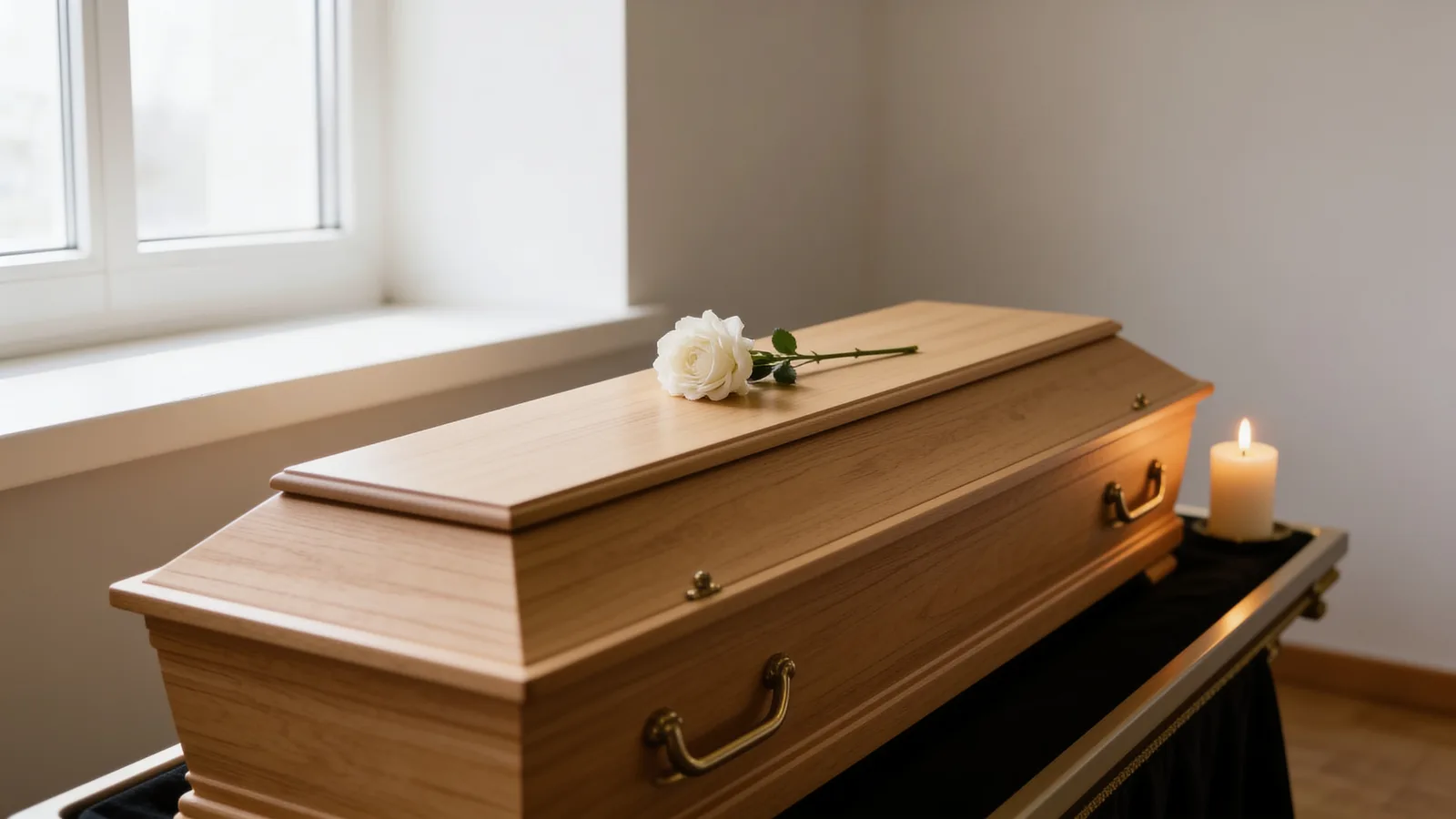 Ein schlichter heller Sarg mit einer weißen Blume und einer brennenden Kerze in einem ruhigen Abschiedsraum – die würdevolle Aufbahrung beim Bestatter