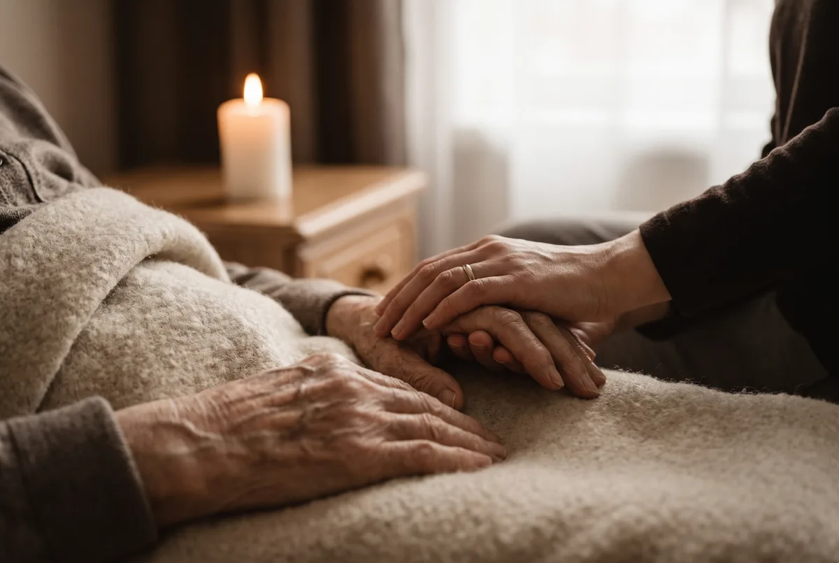 Eine jüngere Hand hält behutsam die faltige Hand eines alten Menschen auf heller Bettdecke, daneben eine brennende Kerze – Sinnbild für die Begleitung in der Sterbephase, deren Dauer sich hinziehen kann