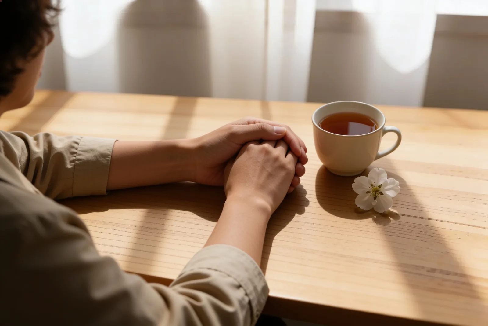 Zwei Menschen an einem hellen Holztisch, eine Hand hält tröstend die andere neben einer Tasse Tee und einer weißen Blüte – Beistand und Trost bei einem Todesfall