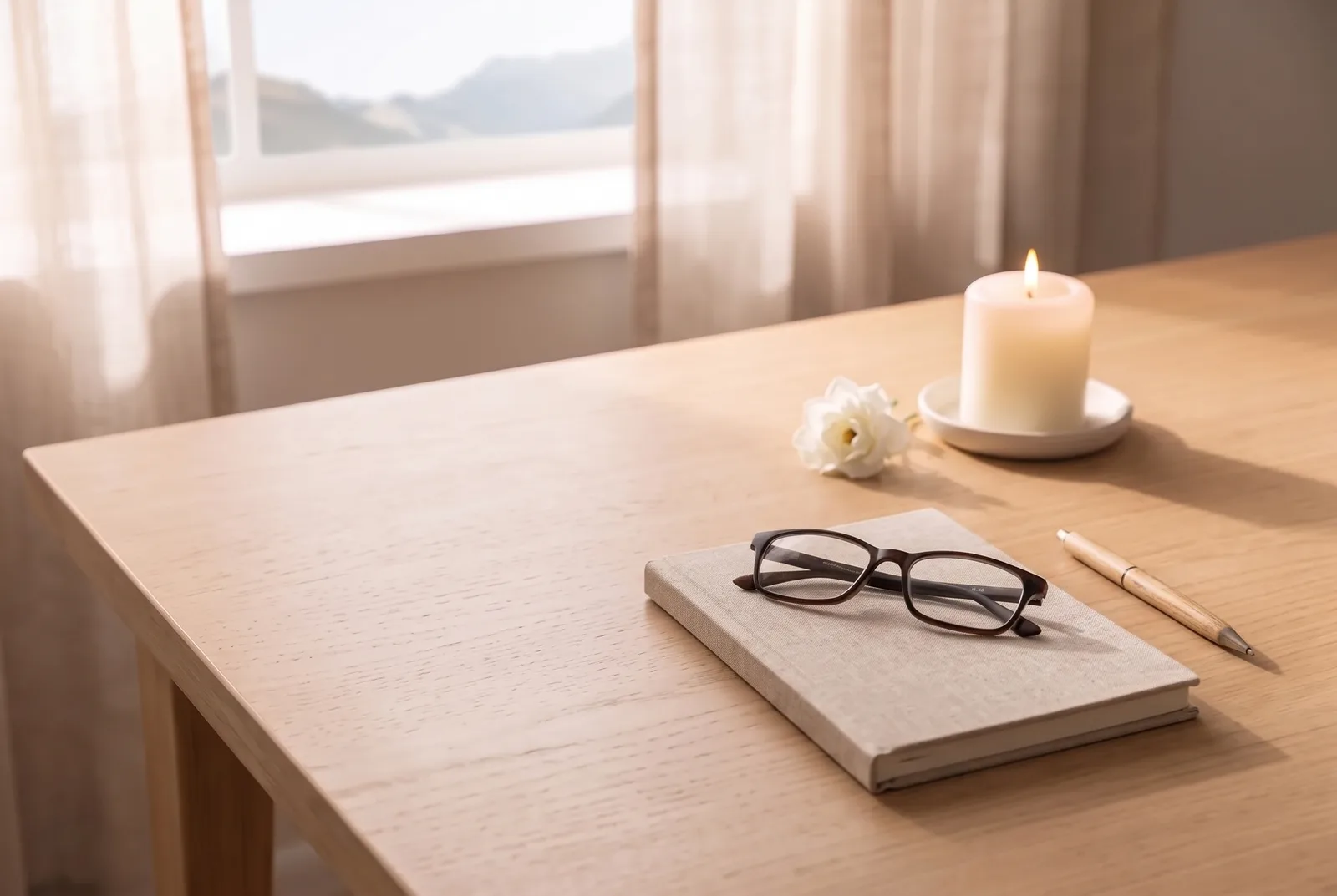 Ein ruhiger, aufgeräumter Holzschreibtisch am Fenster mit einer brennenden Kerze, einer weißen Blüte sowie einer Brille auf einem geschlossenen Notizbuch und einem Stift – Sonderurlaub und freie Tage bei einem Todesfall