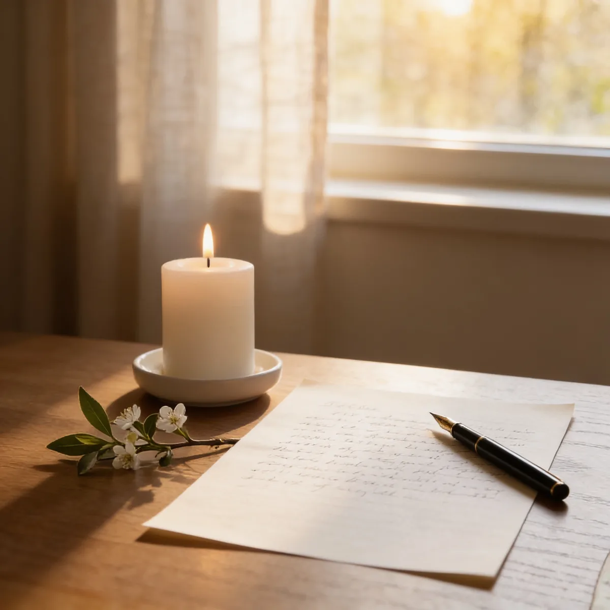 Ruhiges Stillleben zur eigenen Bestattungsvorsorge: eine brennende Gedenkkerze neben einem handschriftlichen Bestattungswunsch-Dokument, ein kleiner grüner Zweig und weiße Blüten auf einem Holztisch im warmen Fensterlicht