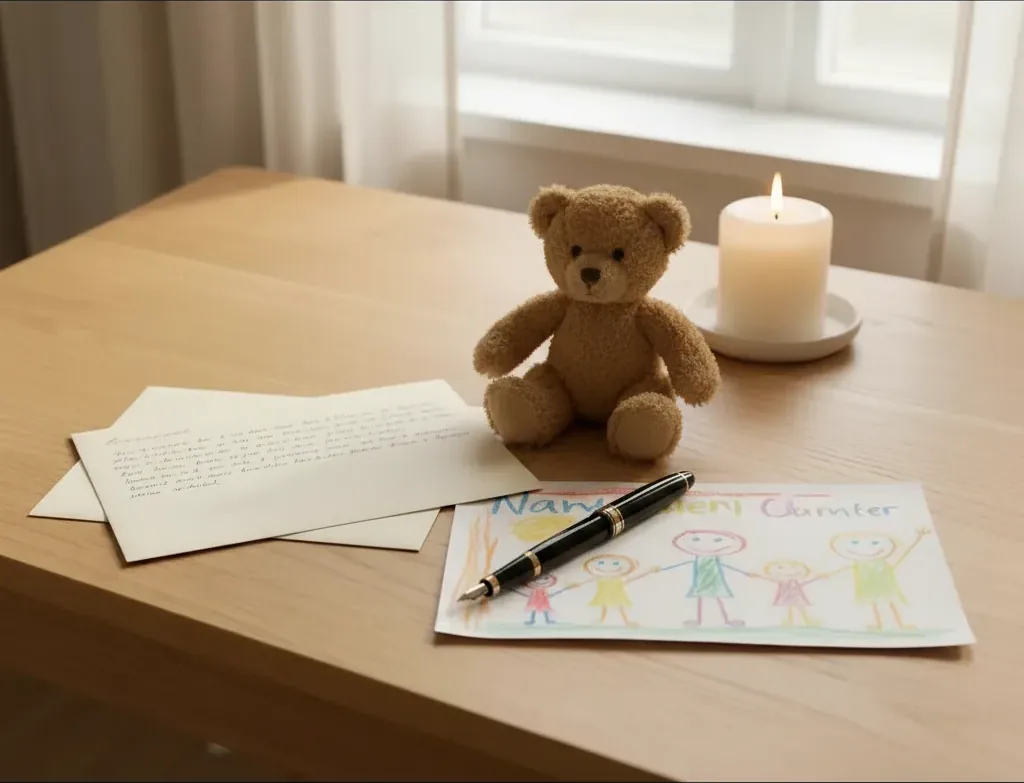 Eine handschriftliche Sorgerechtsverfügung, ein Füllfederhalter, ein kleiner Teddybär und eine bunte Kinderzeichnung neben einer ruhig brennenden Kerze auf einem hellen Holztisch – für minderjährige Kinder im Todesfall vorsorgen